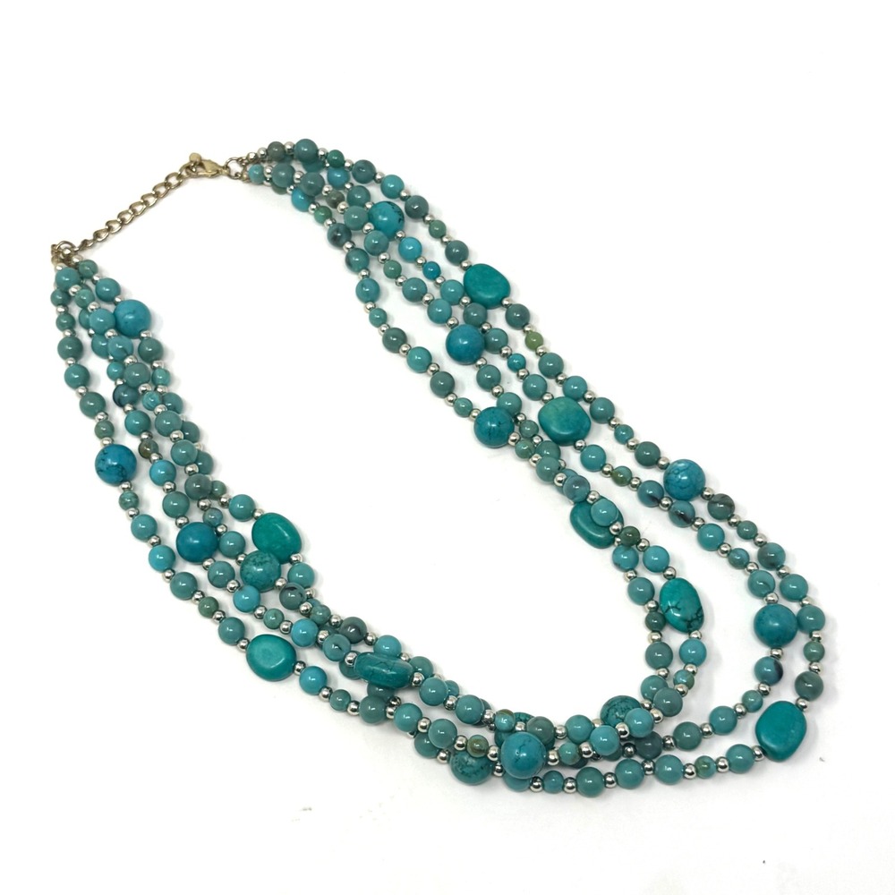 Boho Western Multi Strand Necklace Blue Turquoise Bead Silver Tone Layered